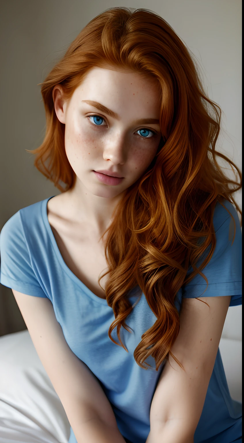 1 girl in, 19yearsold, standing alone, aesthetic art, Irish, wavy red hair, hair to the shoulders, grey-eyed, light gray eyes, pale skin, A glass, breasts small, runner's body, (texturized skin, skin pore:1.1), shiver, taking a close up selfie photo while laying down in bed wearing red slutty wet crop top t-shirt and no underwear, transparent red t-shirt, ((nipples showing)), nipples visible through t-shirt, seducer, Photo sexy, without wearing pants, Legs long, small nipples, (extremely detailed 8k wallpaper), soft lighting, high qualiy, film grain, Sharp focus Fujifilm XT3, f5.6, 50mm, high détail, sharp focus,(naturallight), crazy details, complexdetails, hyperdetailed, close up, hidden hands