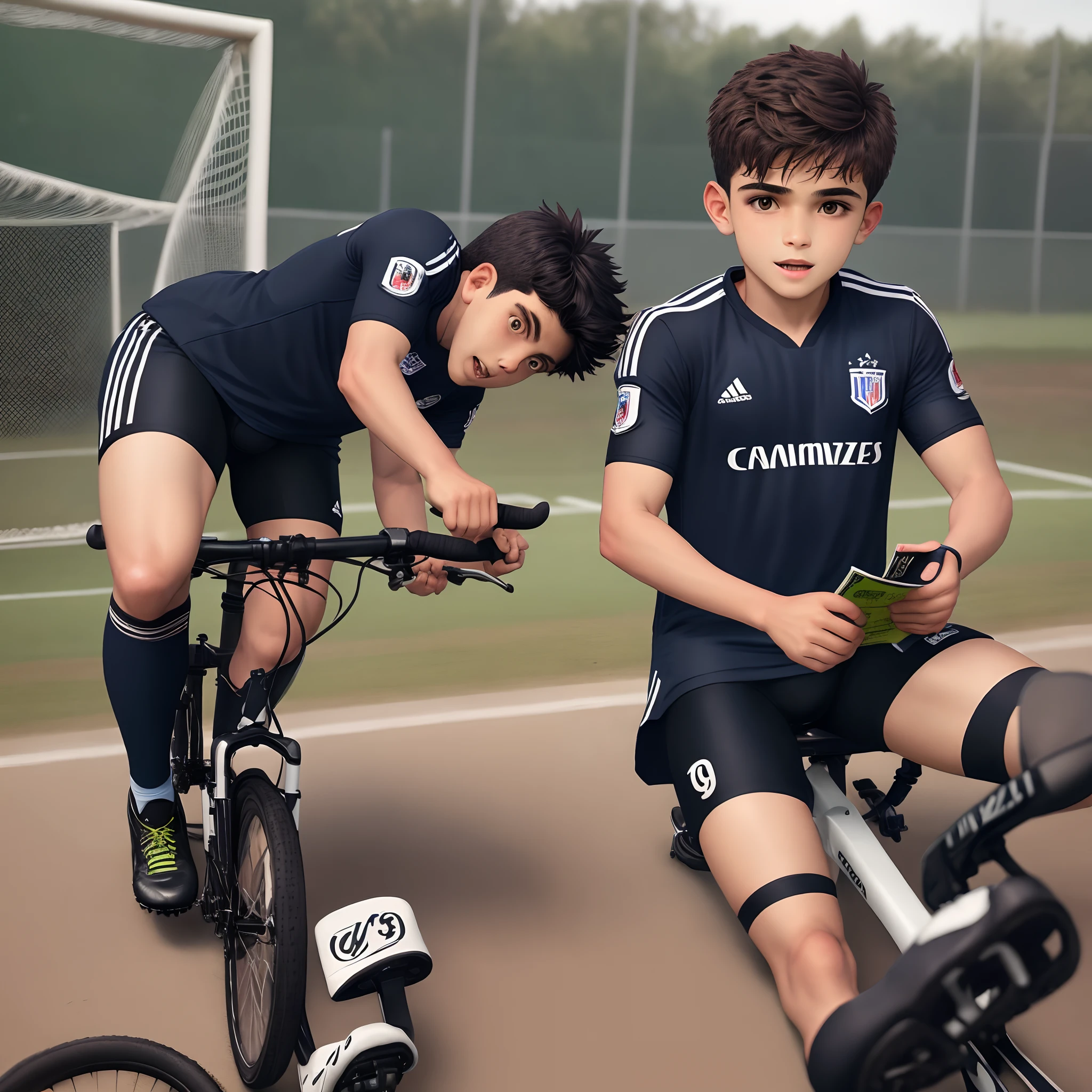Garoto de 9 anos, cabelo preto, com camisa de futebol com seu nome Gabriel escrito fazendo gol de bicicleta