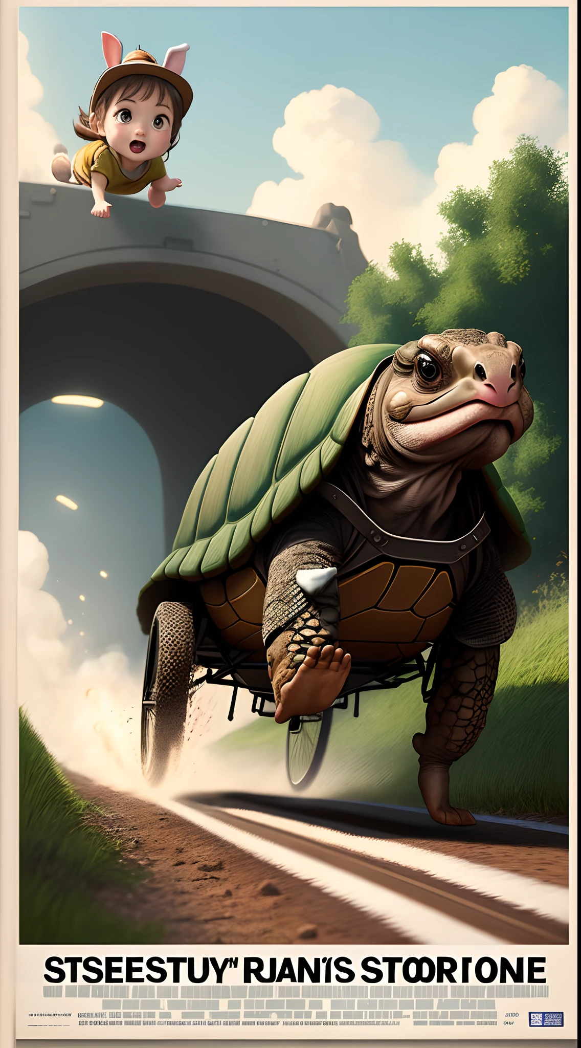 children's storybook　Rabbit and tortoise　Hollywood action movie style poster　Full of speed　Runaway