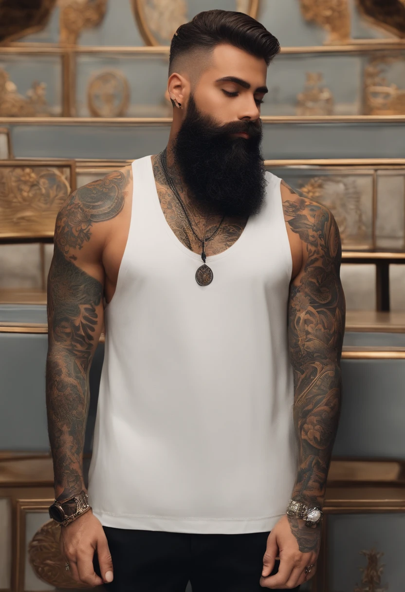 Disney pixar mode , um fisioterapeuta, cabelo preto calvo , com barba , neck tattoo, usando jaleco