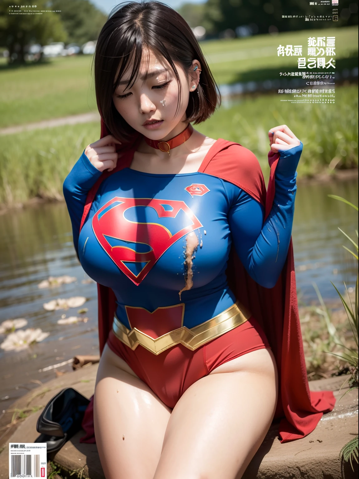 of the highest quality, masutepiece,Short-haired Supergirl sleeping in a swamp、large full breasts、a choker、Looking at the camera、Enamel costume、Mud stains、Covered in mud、Exhausted、Weekly magazine cover、masturbation、cum on、a miniskirt、sexy pose、Bukkake、Covered in semen、syncope、Fayue、Plump
