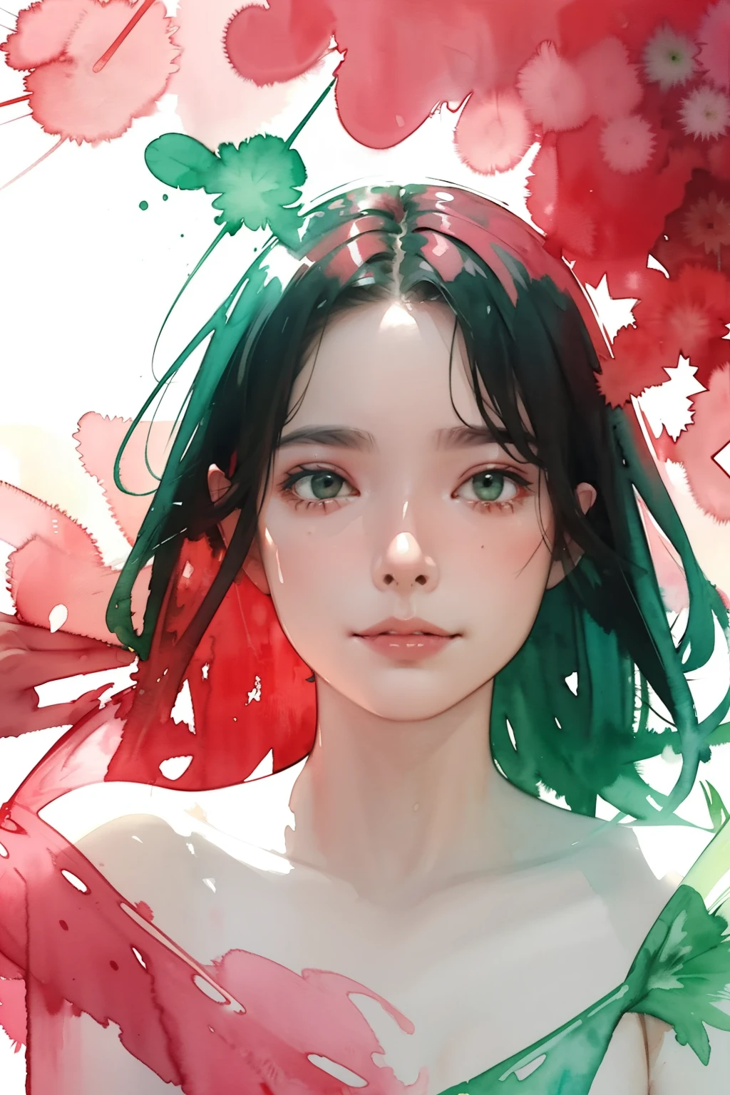 1girl, holding  slice of watermelon ,in the style of light red and green, dreamy and romantic compositions, pale pink, ethereal foliage, playful arrangements,fantasy, high contrast, ink strokes, explosions, over exposure, red and light blgreen tone impression , abstract, ((watercolor painting by John Berkey and Jeremy Mann )) brush strokes, negative space