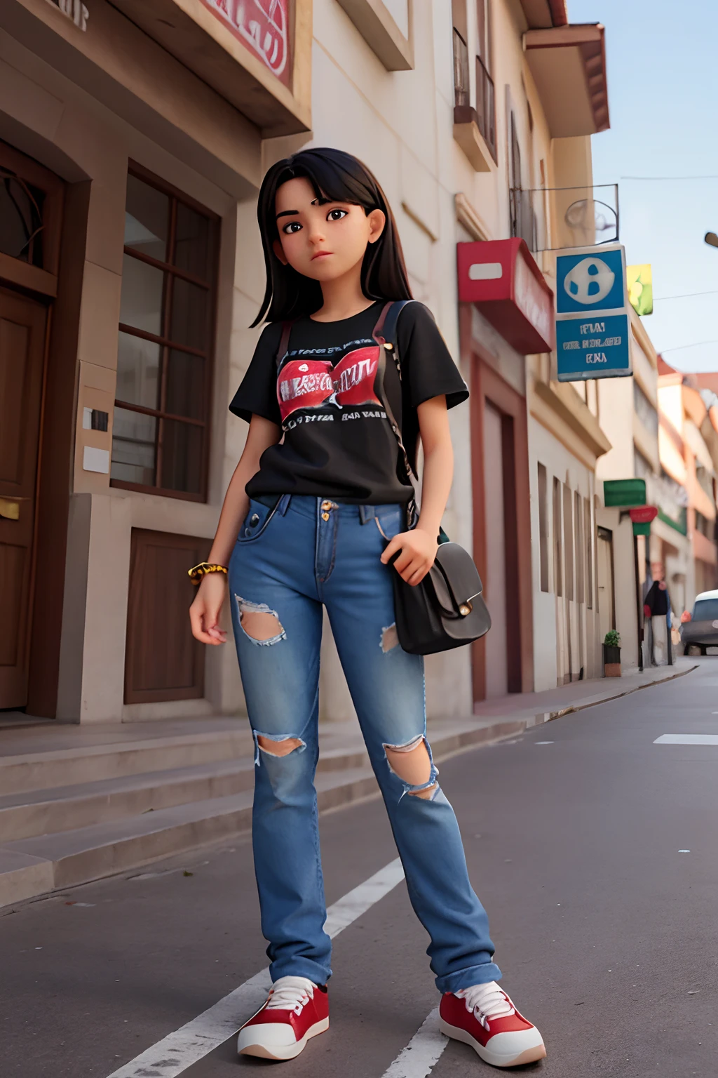 Adscente de 17 os, With black hair and baggy pants, jeans, blusa branca sem mangas e casaco,  ela esta andando pro uma rua