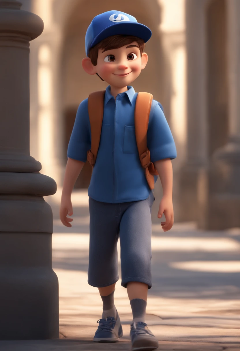 A happy cute boy standing short hair with dark blue cap , vestindo uma camisa azul , , fundo branco, barnet, Tom, Estilo Pixar, ......3d, desenhos animados, rosto detalhado, asymmetrical 16k