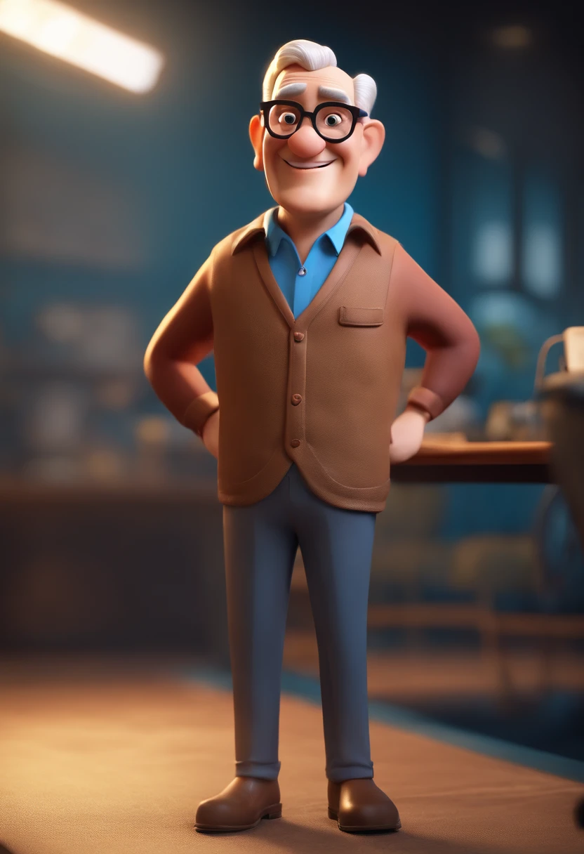 Cartoon character of a 65-year-old man in radio studio smiling black glasses and a blue shirt, animation character, Caractere estilizado, animation style rendering, 3D estilizado, Arnold Maya render, 3 d render stylized, toon render keyshot, Personagem 3D, Personagem 3D, 3d rendering stylized, 3 d character render, personagem de desenho animado, Personagem de close up, Pose de personagem,  (Estilo Pixar) (master part:1.2) (Bokeh) (best quality) (pele detalhada) (textura detalhada) (8k) (argila) (Cinematic lighting) (foco nítido