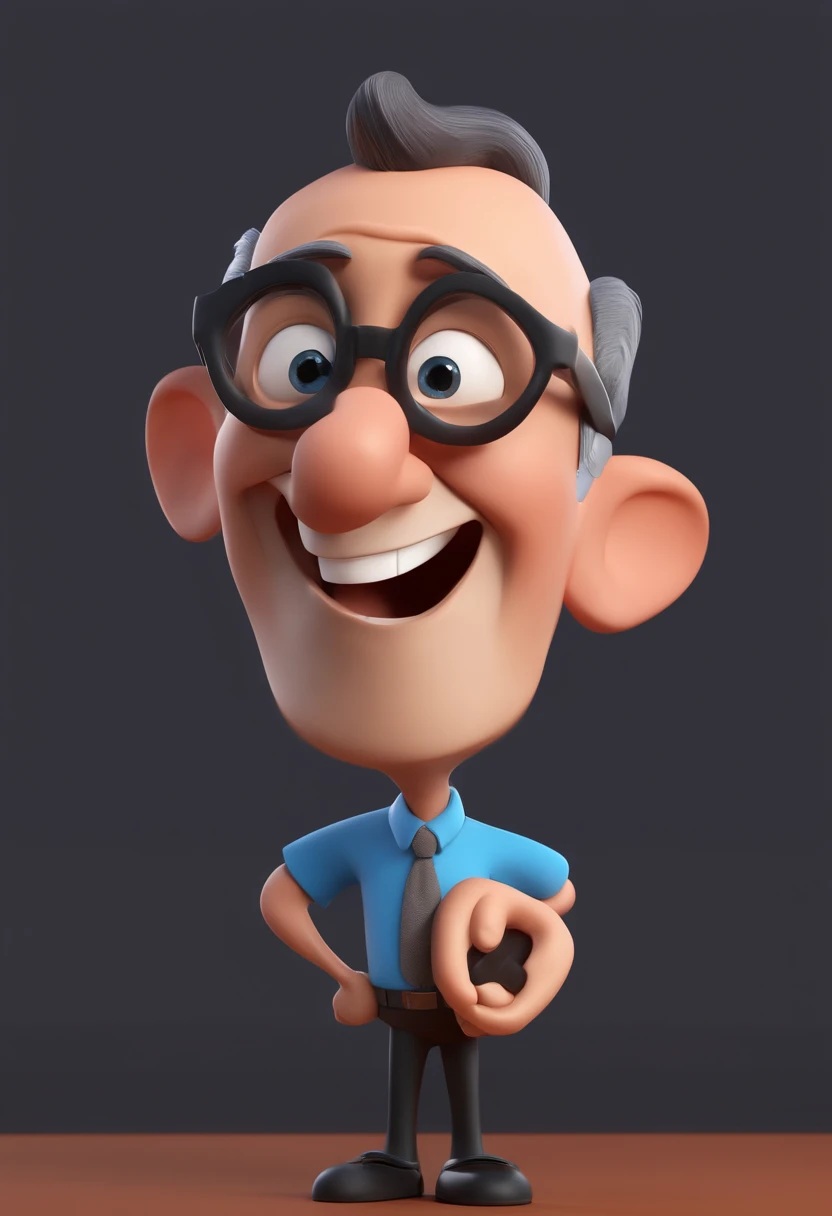 Cartoon character of a 65-year-old man in radio studio smiling black glasses and a blue shirt, animation character, Caractere estilizado, animation style rendering, 3D estilizado, Arnold Maya render, 3 d render stylized, toon render keyshot, Personagem 3D, Personagem 3D, 3d rendering stylized, 3 d character render, personagem de desenho animado, Personagem de close up, Pose de personagem, (Estilo Pixar) (master part:1.2) (Bokeh) (best quality) (pele detalhada) (textura detalhada) (8k) (argila) (Cinematic lighting) (foco nítido
