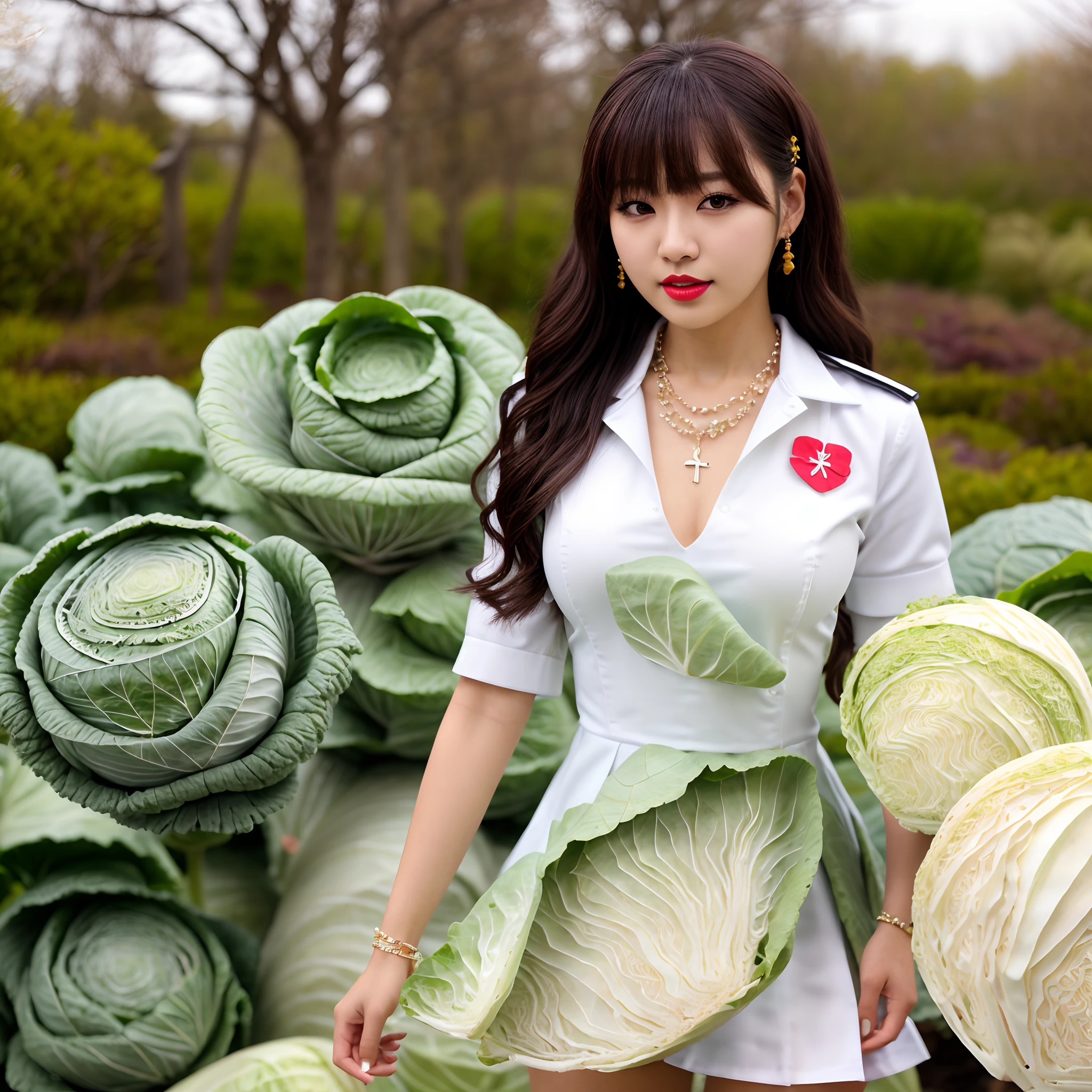 Canon RF85mm f/1.2, masterpiece, best quality, ultra highres, 1 girl, standing, long legs, (korean mixed, kpop idol:1.2), solo, realistic hand, very white skin, black eyes, necklace, long_brown_wavy_ hair, red lips, eyelashes, bangs, make-up, shiny lips, Pore, skin texture, jewelry, bracelet, big breasts, ((white_skinny_seifuku:1.5), (cabbage dress:1.5), (Botanical_garden_background:1.2)),