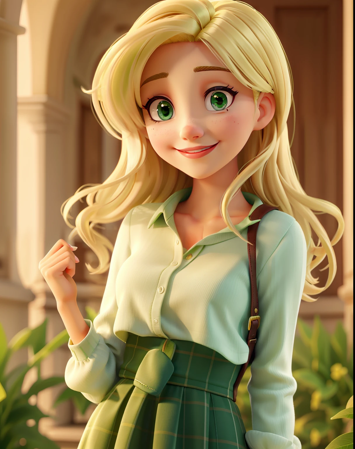 A blonde woman with green eyes, full lips, dressed and smiling