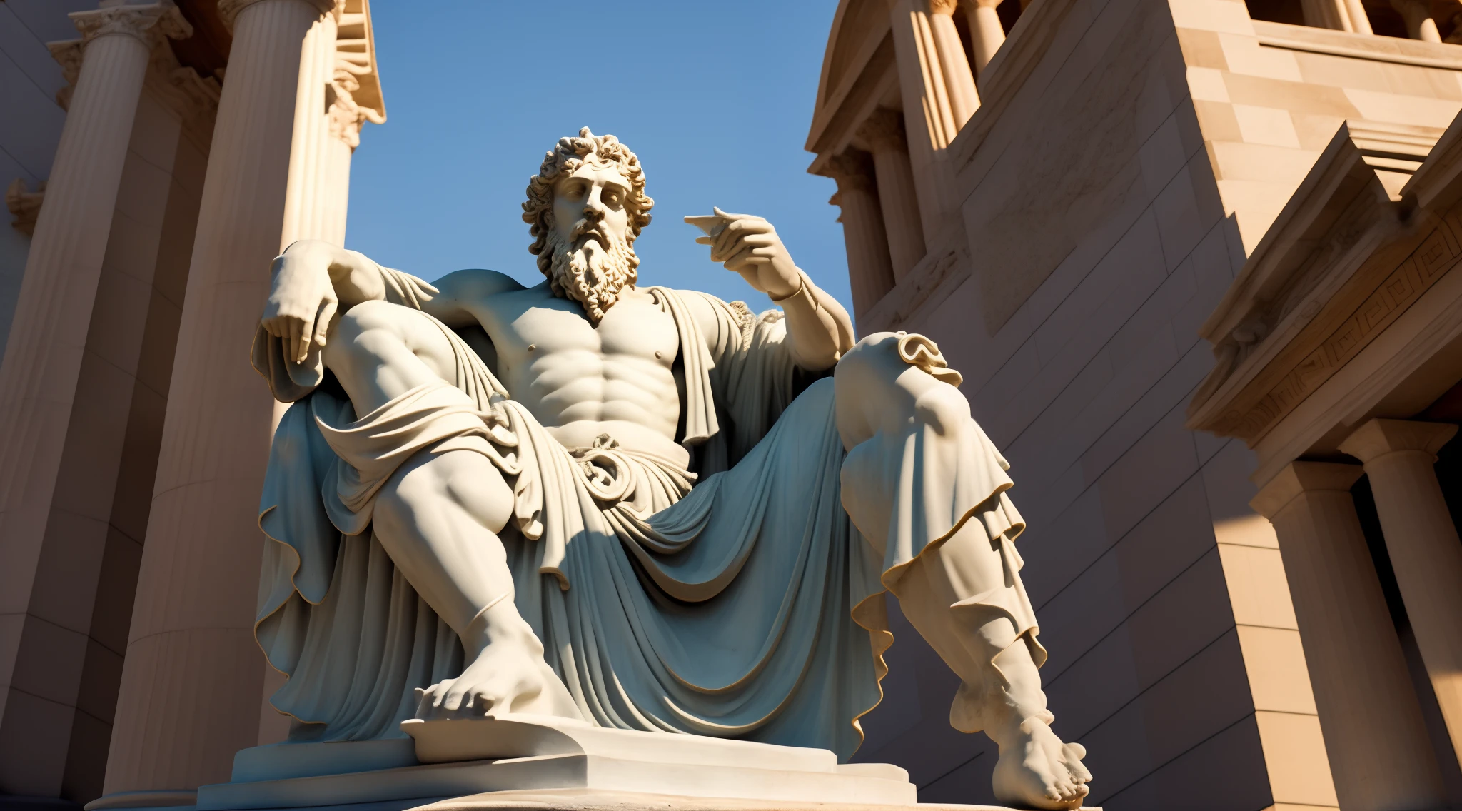 Statue of a man sitting on a pedestal in front of a building, Estoicismo, an ancient greek statue, divino e estoico, classical statue, inspired by Theophanes, o grego, ancient greek statue, Greek statue, stoic, estoico and calm, greco roman statue, statue of zeus, philosopher, Arquimedes