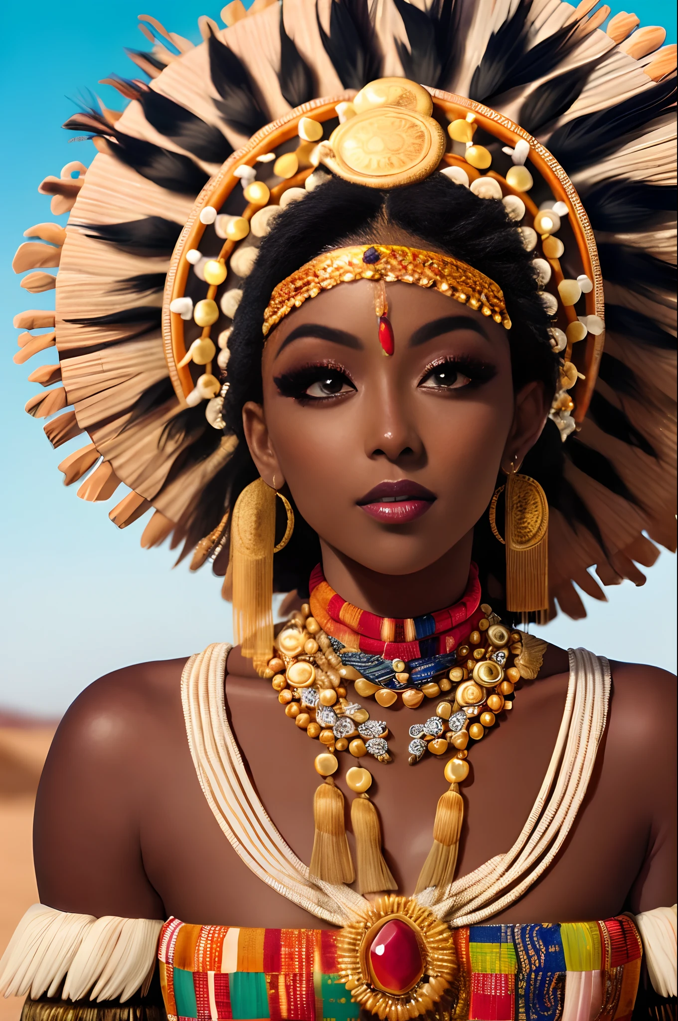 (masterpiece:1.2), (best quality:1.2), perfect eyes, perfect face, perfect lighting, photoshoot, 1girl, mature female wearing SSAHC, SSAHC, dark-skinned, colorful tribal dress, headdress, thick eyelashes, makeup, eyeshadow, medium hair, oasis, desert detailed outdoor background
