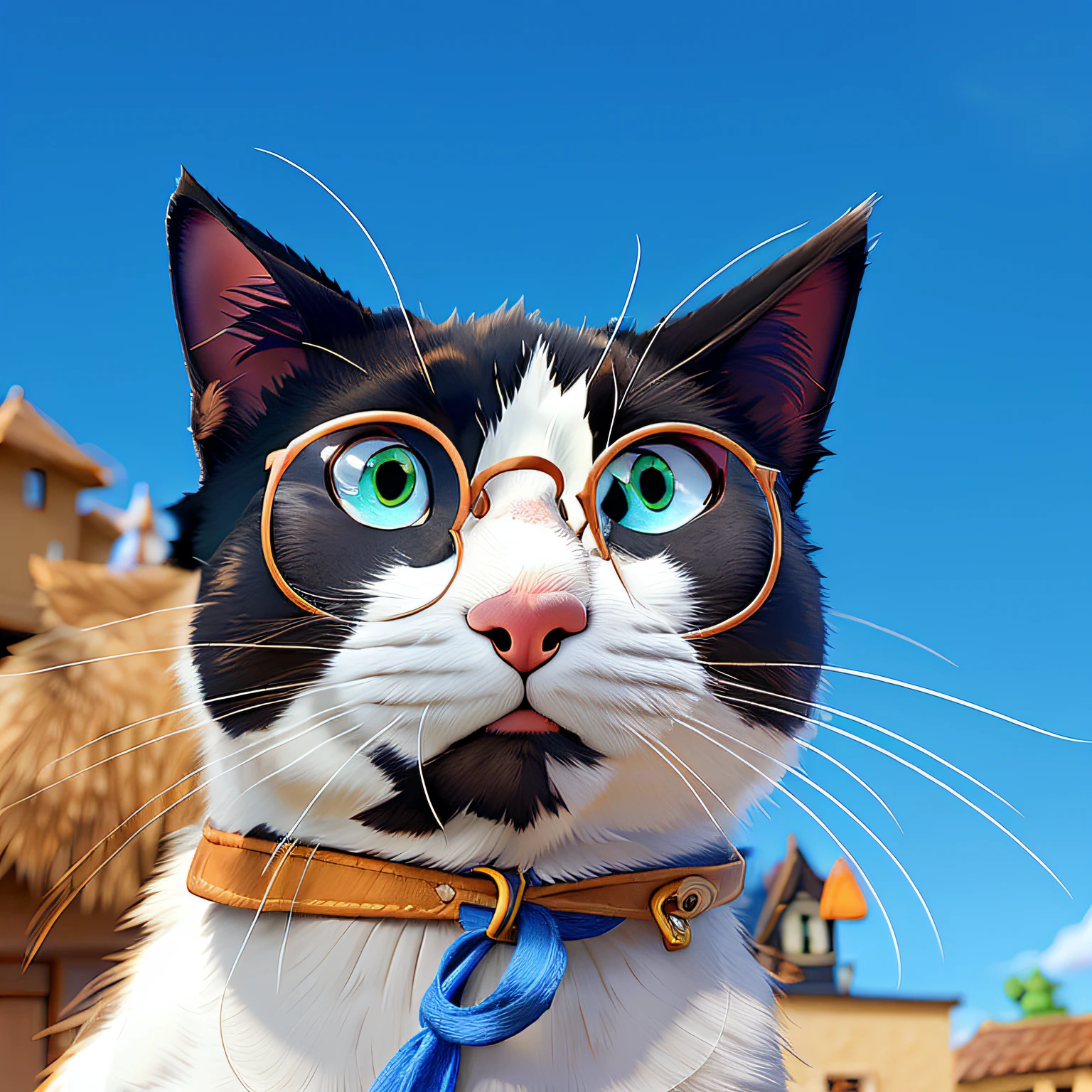 A cat with glasses on a background with blue sky in Pixar style