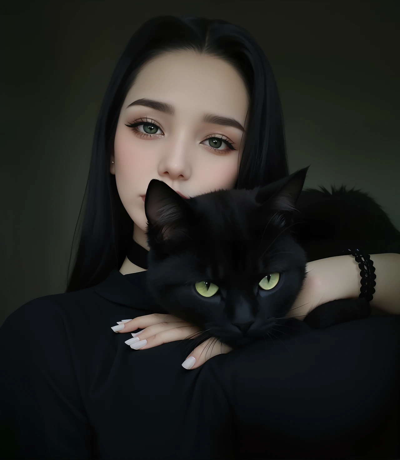 Woman holding a black cat in her arms, pale skin and dark eyes, portrait of a goth catgirl, menina emo e seu gato, muito bonita gatinha fofa, with pale skin, com preto, gato preto tirando uma selfie, goth girl aesthetic, olhos pretos e verdes, 1 7 - year - old goth girl, com olhos verdes, com olhos negros