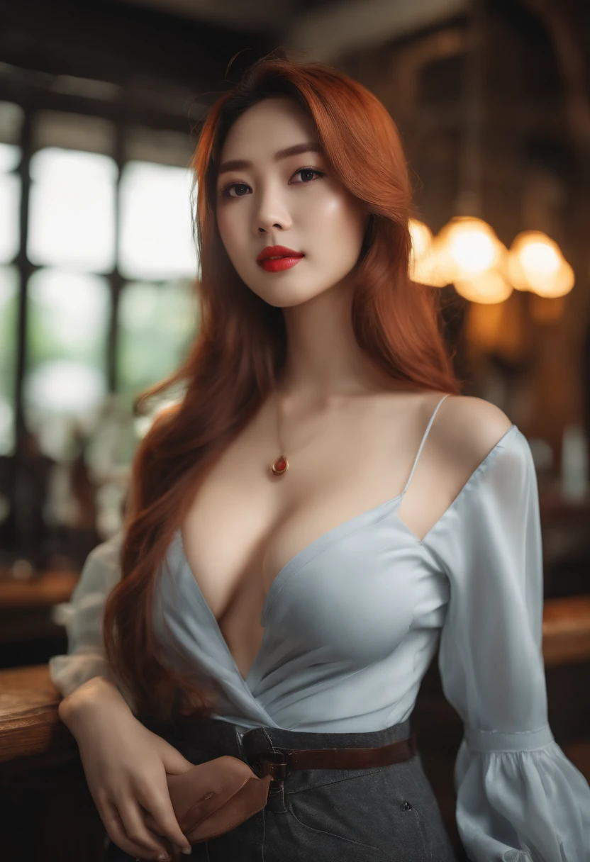 A masterpiece, (((Full image))) All bodies are in the frame, (((Fantastic light action shooter))) (4K photos:1.1) (Clear focus:1.3), high detal, Wearing (Tight shirt:1.2), Beautiful detailed face, charming woman，Long red hair looking at the camera, It looks like actress Arachporn Pokinpakorn., 松下 Lumix S Pro F 50mm/1.4, , photorealistic portrait, (Attractive girl:1.3), (seduce:1.1), (Red face:1.1), Hourglass chassis shape, Large round breasts, Ass accent, Ass accent, Back, Insert copper, full bodyesbian, black garter stockings,Overweight,thighs thighs thighs thighs,big assa,Best quality