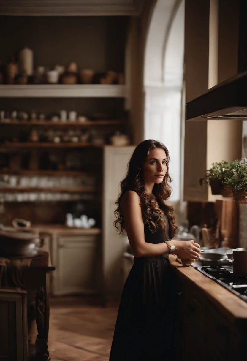 Crie uma imagem realista de uma bonita de 19 anos, com cabelos longos e lisos castanos, olhos simples e misteriosos, sobrancelhas marcadas, in a French interior-style kitchen, holding a mug of coffee, with a long black button-down shirt