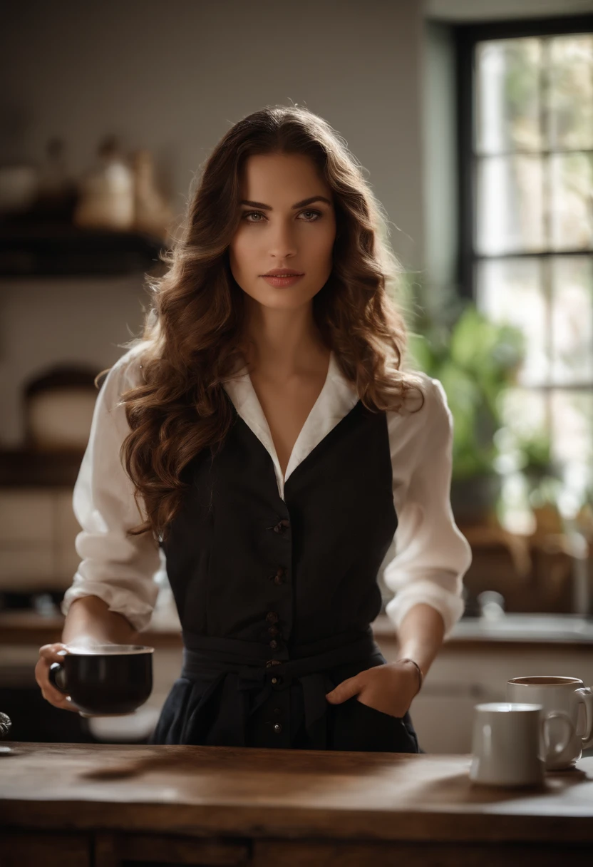 Crie uma imagem realista de uma menina bonita de 19 anos, com cabelos longos e lisos castanos, olhos simples e misteriosos, sobrancelhas marcadas, in a French interior-style kitchen, holding a mug of coffee, with a long black button-down shirt