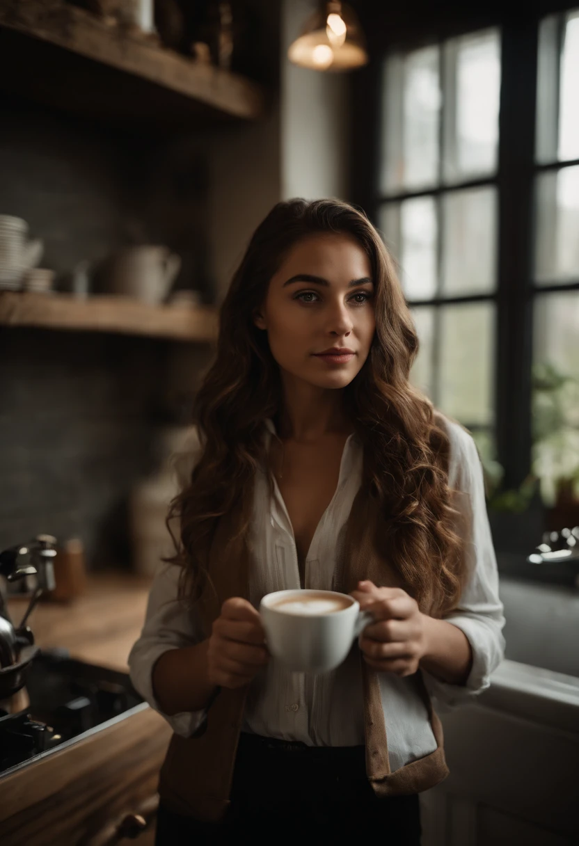 Crie uma imagem realista de uma menina bonita de 19 anos, com cabelos longos e lisos castanos, olhos simples e misteriosos, sobrancelhas marcadas, in a French interior-style kitchen, holding a mug of coffee, with a long black button-down shirt
