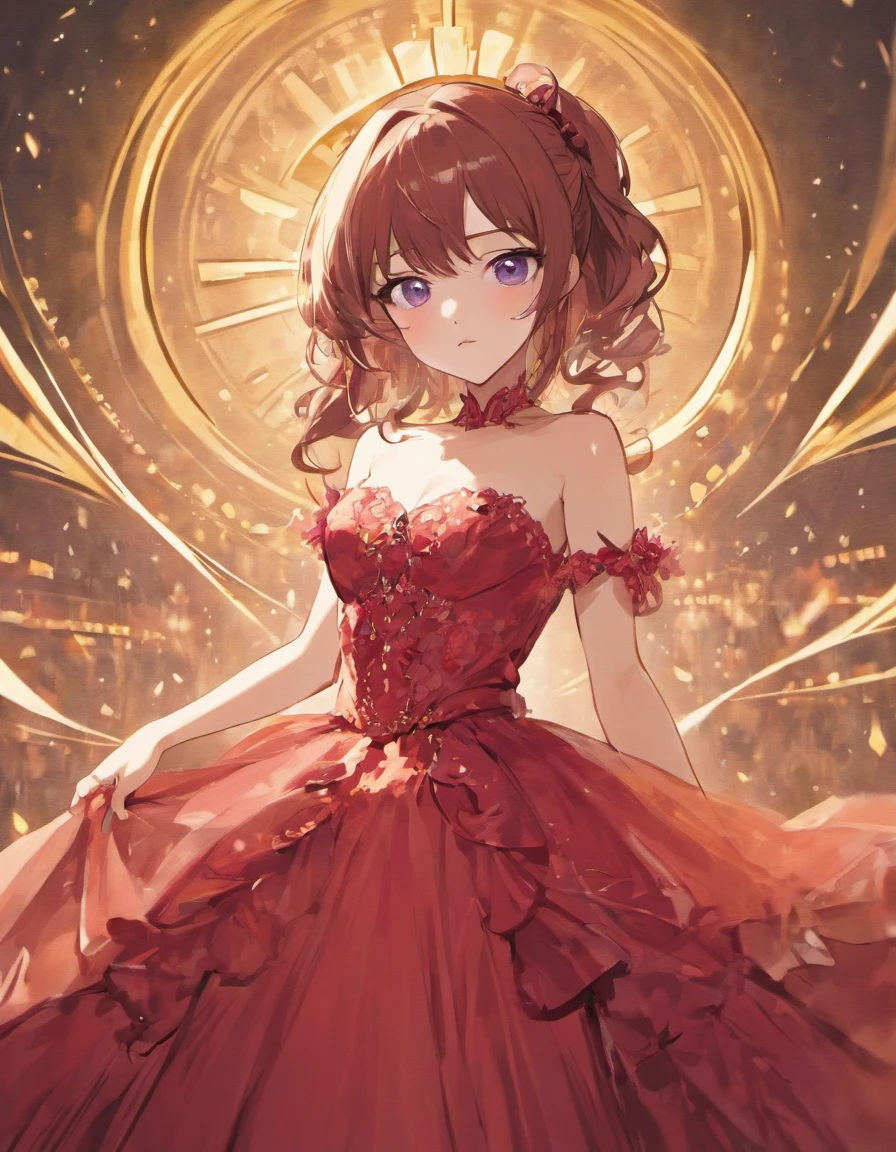 A beautiful girl with purple dull eyes and brown long hair wearing a red, luxurious ball gown.