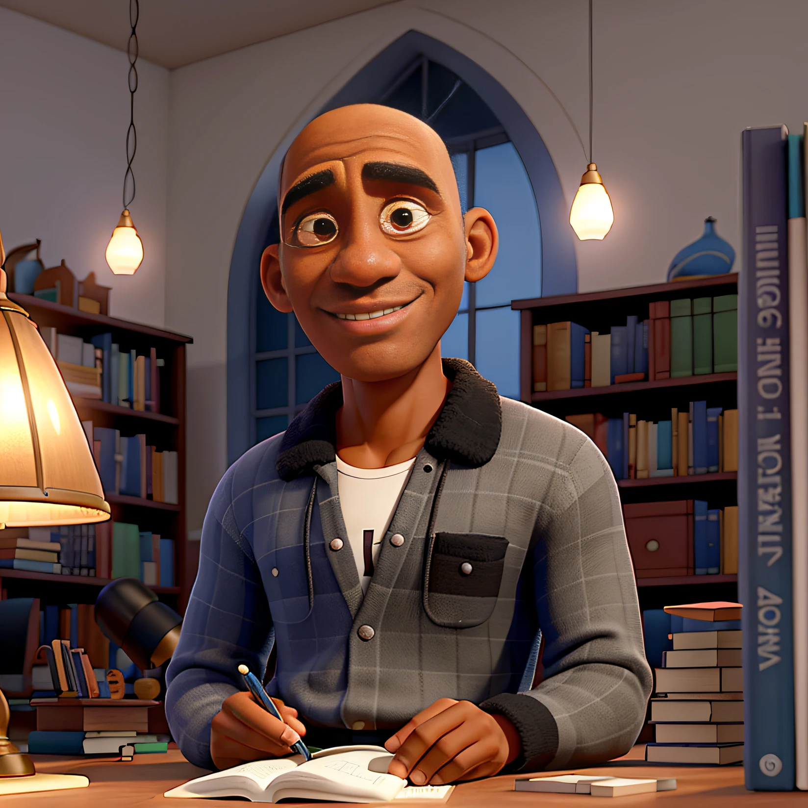 homem negro de 50 anos, careca, in a library space with reading desks, estantes de livro moveis de estudos, Chandeliers on high perfect lighting.