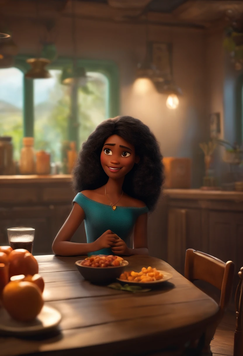 Um filme inspirado na Disney Pixar (MENINA NEGRA JOVEM COM CABELO LONGO CACHEADO PRETO) dentro A cena estar na arte distinta do estilo PIXAR, descolada e estilosa