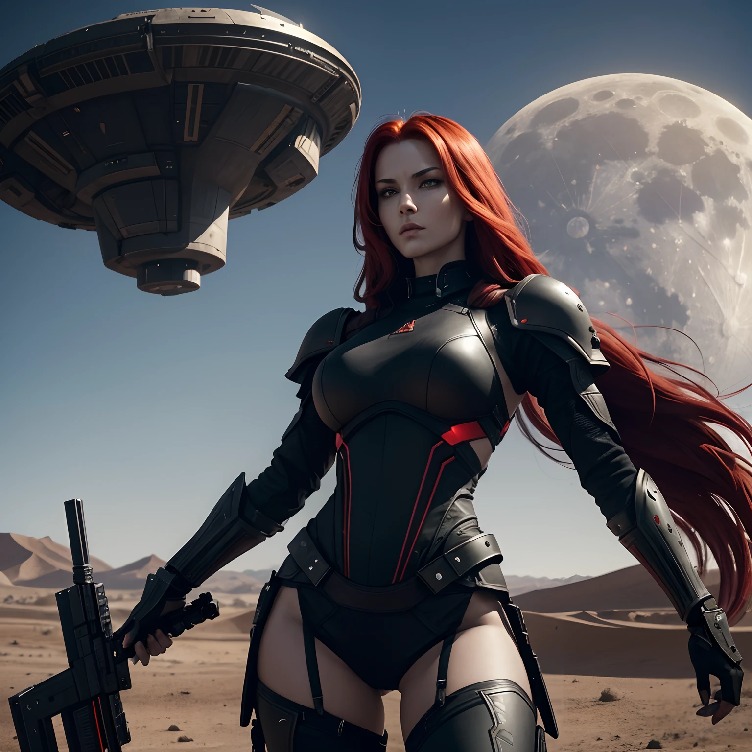 Attractive female warrior with long red hair, totally black ciberpunk armor, coming down from a spaceship, slender body, carrying a futuristic shotgun, threatening look, going down the hatch of a round-shaped spaceship in a daytime setting, a large desert with a giant moon in heaven