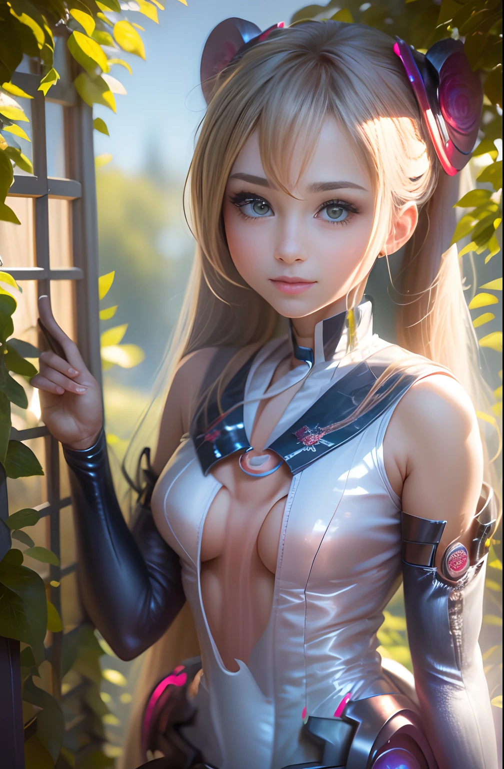 obra maestra, La mejor calidad, hi-res, portal magico, 1chica en, solo, Uniforme Sailor Senshi,  una rubia, Magical Girl, ojos azules, braga blanca, red neckerchief, guantes de codo,lindo-lindo:1.5,14 year old ,Tiaras, falda azul, falda plisada, Minifaldas, Gargantillas, Guante Blanco,  jewely, arete, una sonrisa, El trasfondo es el universo(Excelentes detalles、outstanding lighting、wide angle), Mostrar bragas:1.1,Colas gemelas de bollo muy largas:1,5,Joya Roja:1.2,pecho enorme, tetas grandes, cintura delgada,