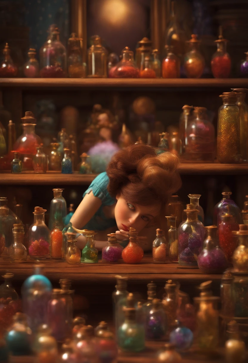 A collector of ideas inspired by Pixar animation, de perto. She is surrounded by a collection of magic vials, each containing a unique idea. The focus is on the character, with a captivating facial expression, Against a backdrop of shimmering, cores efervescentes.