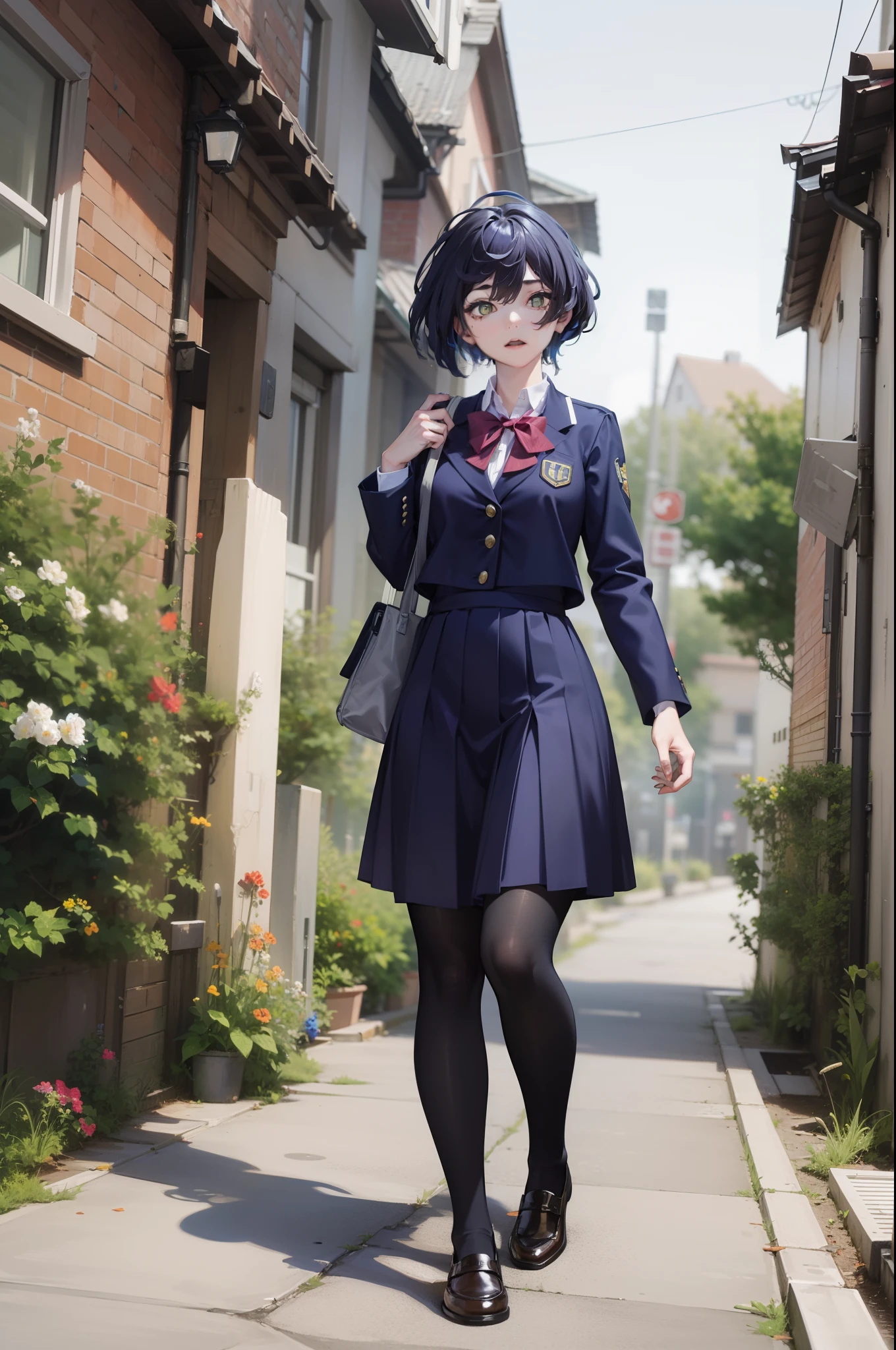 Best Quality,very high resolution,1girl,独奏,Full body,snow,Town,, blue hair,green eyes,JK,school uniforms,