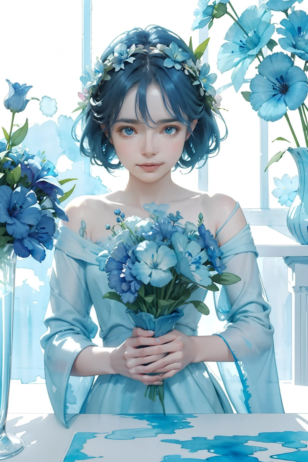 1girl, wearing  blue flowers on her head, Lisianthus ,in the style of light blue and cobalt, dreamy and romantic compositions, pale pink, ethereal foliage, playful arrangements,fantasy, high contrast, ink strokes, explosions, over exposure, dark blue and light blue tone impression , abstract, ((watercolor painting by John Berkey and Jeremy Mann )) brush strokes, negative space