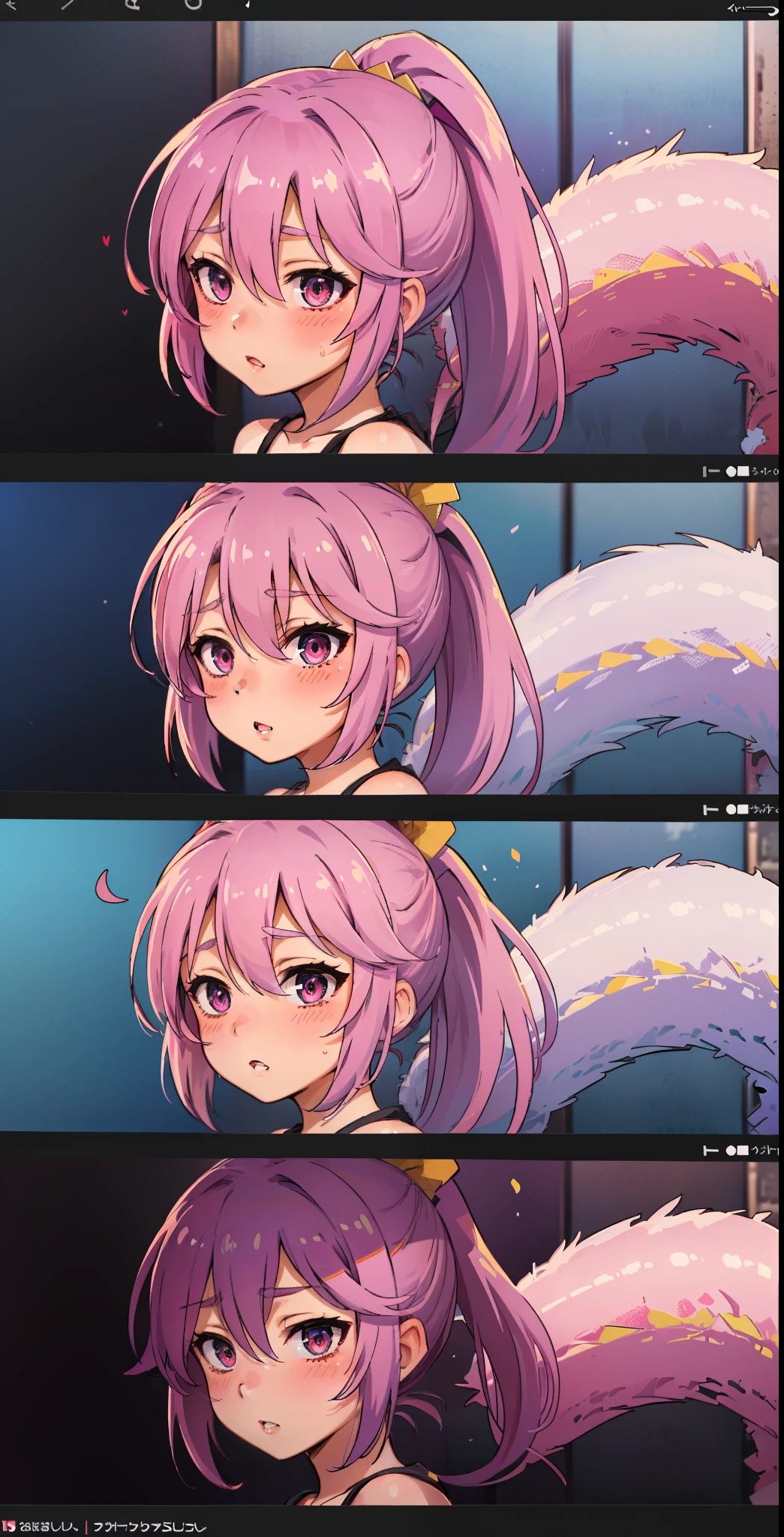 Jibril, (standing), blushed, perfect anatomy, detailed eyes, detailed lips, extremely detailed eyes and face, vivid colors, sharp focus, masterpiece:1.2, ultra-detailed, blushed, ((doggystyle)), (solo), ((tie)), sleeveless, ((((ponytail)))), story, (((charecter sheet))).