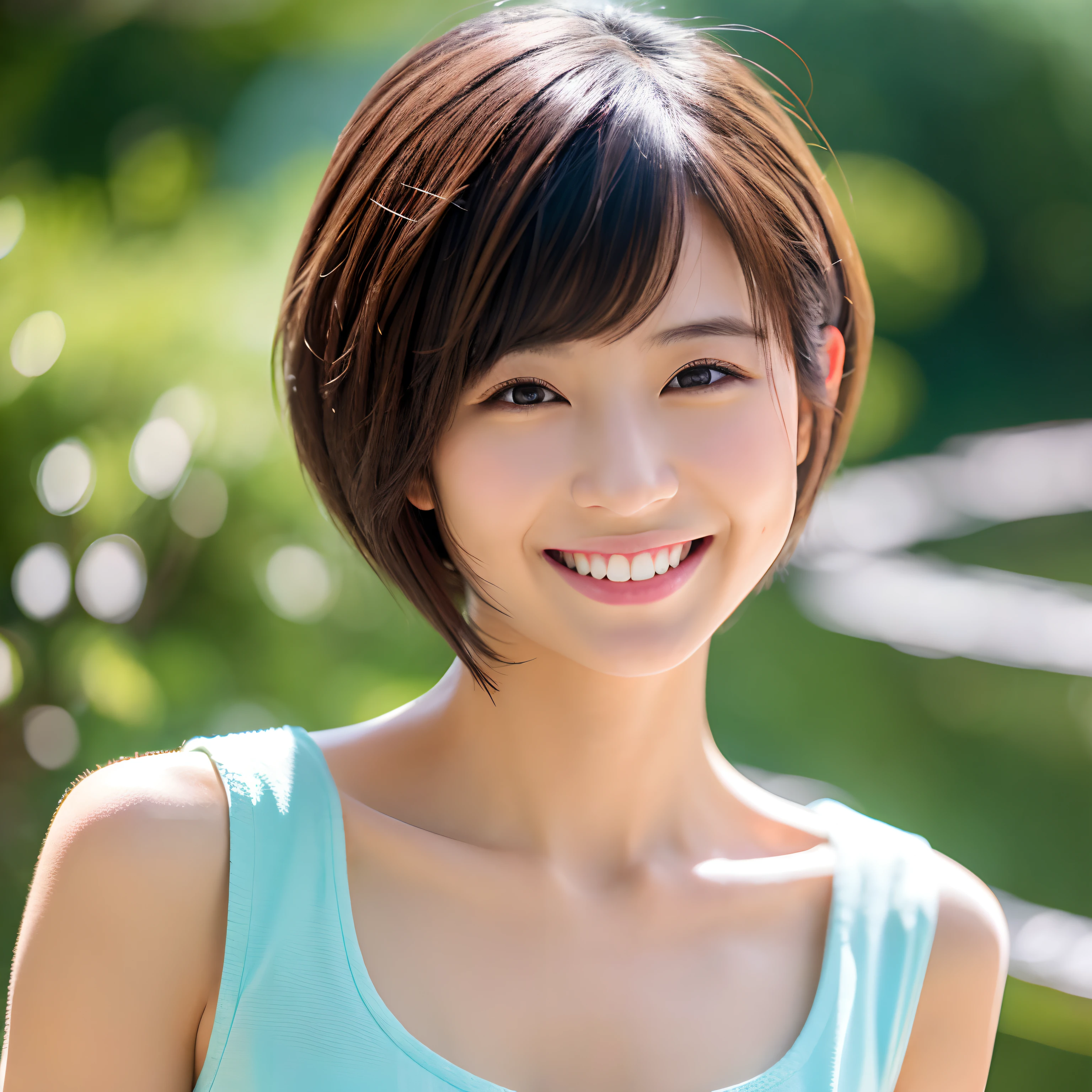 top-quality、4K、8K 、Cute Japan Woman、view front、Shorthair、Amazingly cute、Sleeveless、Transcendent Beauty、a smile