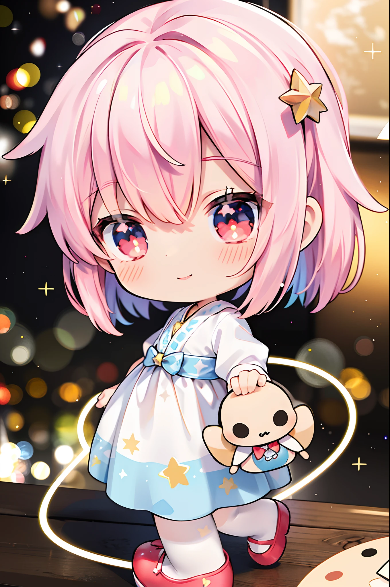 Place one small doll on a circular stand、The doll is made of crystal、A smile、Chibi Doll、Stars in the eyes(kirakira)、、Raise your right hand、Eye Up、Laugh、Cute red shoes、Ultra Detail, radiant light、bio luminescent、Taken from the side、Stronger bokeh effect
