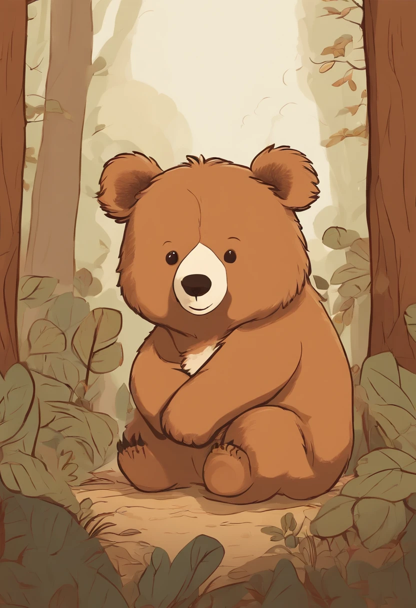 Hand drawn illustration， in style of ghibli， hiyao miyazaki， Full body like， a warm color palette， Moe style， critters， illustratio， Brown Papa Bear，are standing，guilty，Jumpy，Bend down and apologize to the  brown bear。