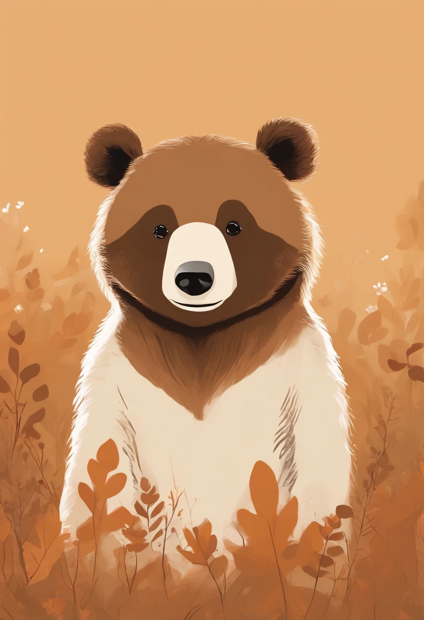 Hand drawn illustration， in style of ghibli， hiyao miyazaki， Full body like， a warm color palette， Moe style， critters， illustratio， Brown Papa Bear，are standing，guilty，Jumpy，Bend down and apologize to the baby brown bear。