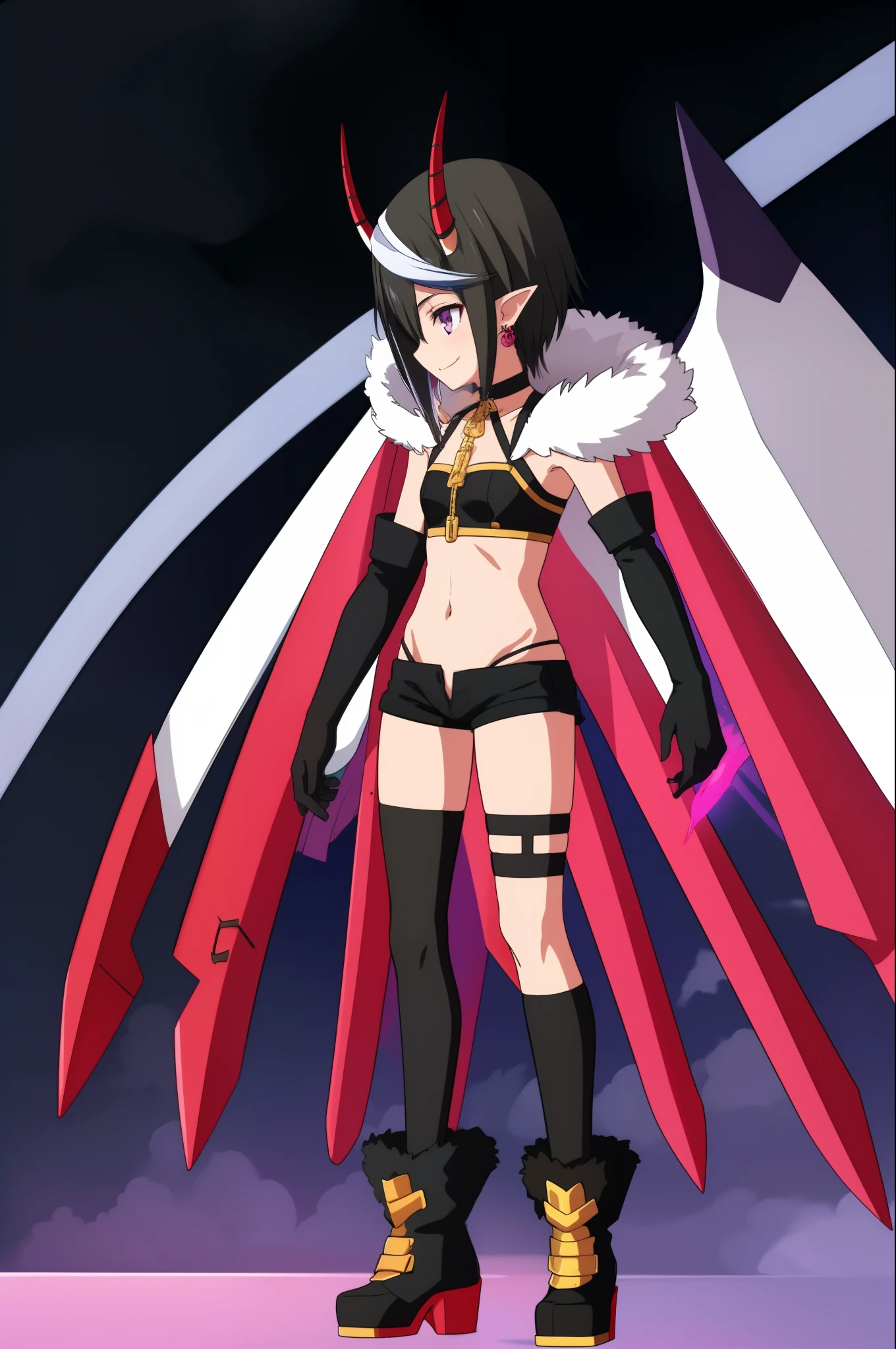 éçç±ä ̧1/2Y¿,black hair,1girl,hair between eyes,white hair,bangs,pink eyes,horns,short hair,multicolored hair,purple eyes,eyeshadow,black hair,pointy ears,earrings,streaked hair,two-tone hair,
black shorts,thighhighs,cape,highleg panties,fur-trimmed cape,choker,purple cape,navel,black gloves,short shorts,small breasts,glowstick,elbow gloves,midriff,nsfw,smile,smug,blue sky,wings,wind,legs,full body,, Exquisite visuals, high-definition,masterpiece,best quality,ufotable screen cap, fgo sprite:1.5, full body, standing, black background, simple background, looking afar,