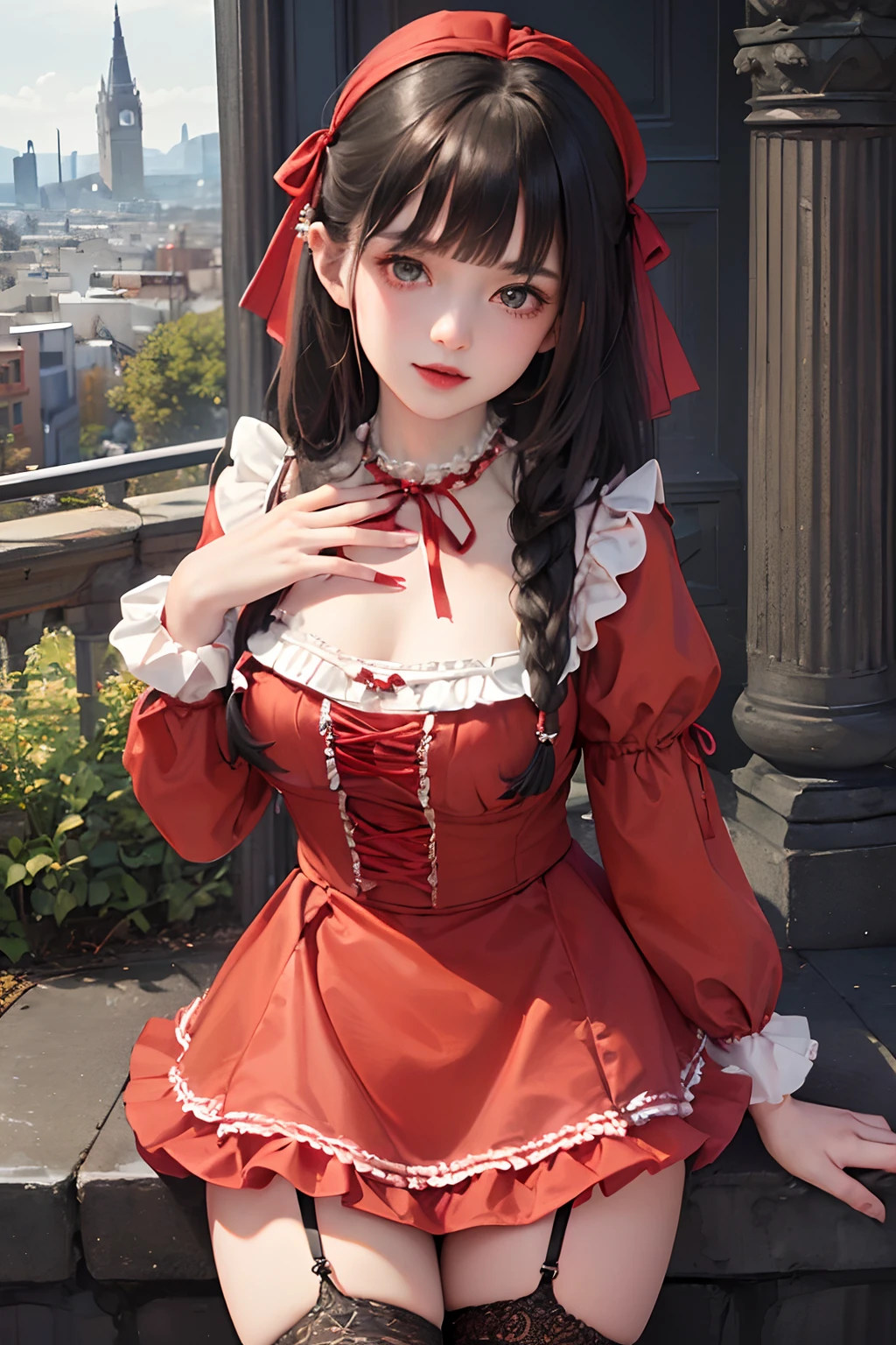 1girl, masterpiece, best quality, ultra-detailed, beautiful detailed, (((extremely detailed face))), (((blunt bangs))), (((big frills and ribbon))), grin, (((red blouse))), (black skirt), suspender dress, frills, lace, (long hair), ((garter belt)), (((piercing jewelry))), (((look down))), (dirty street), (jack o lantern), (Red Riding Hood), (crowd), ((short bob hair))