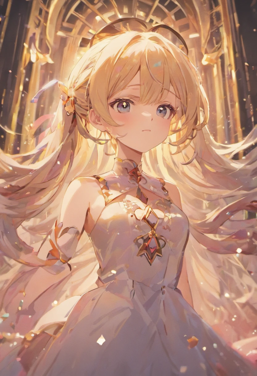 hair strand, expressive hair, ahoge, hair bell, forehead jewel, hair bow, crown, ribbon, white hairband, longeyelashes, color contact lenses, colored eyelashes, aqua eyes, earrings, crystal earrings, shy, grin, makeup, blush, full-face blush, chin grab, interior architecture, Surrealism, high detail, modern, chiaroscuro, depth of field, cinematic lighting, ray tracing, motion blur, from outside, anatomically correct, super detail, best quality, high details, textured skin, masterpiece, ccurate