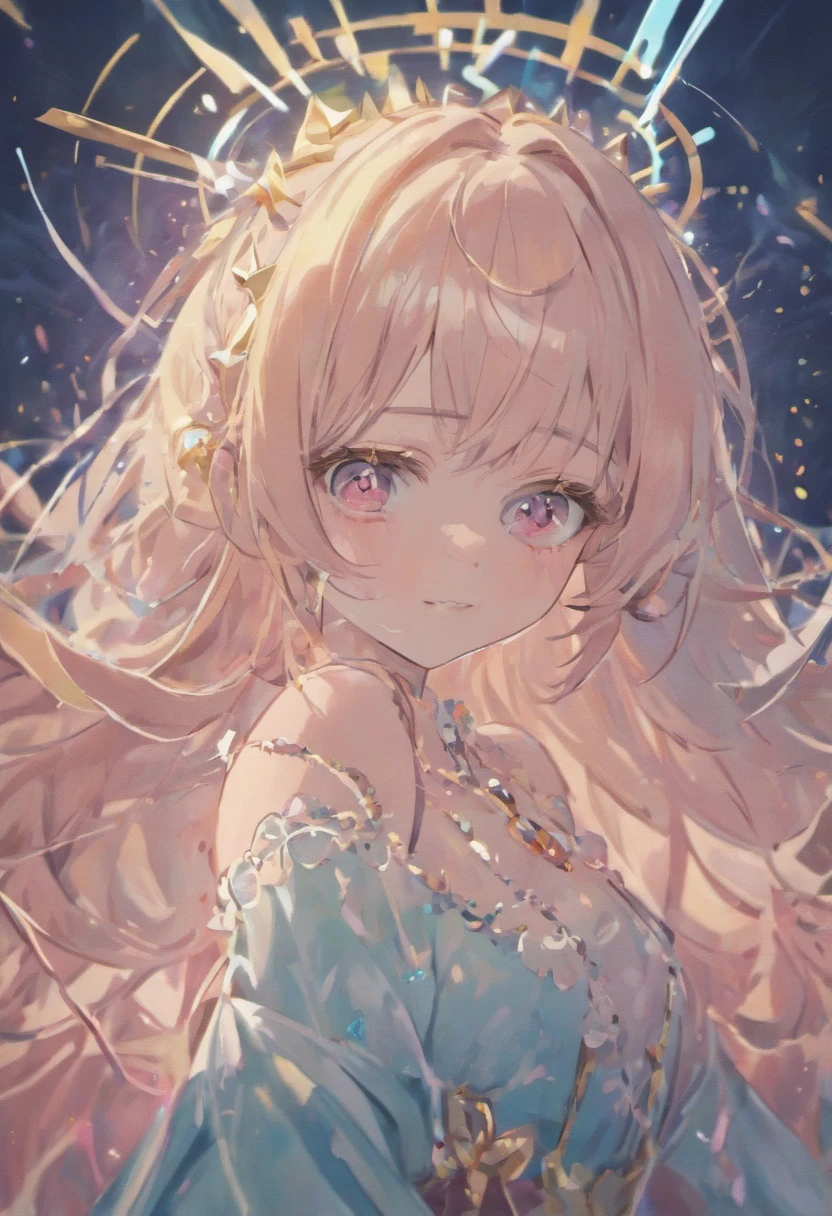 hair strand, expressive hair, ahoge, hair bell, forehead jewel, hair bow, crown, ribbon, white hairband, longeyelashes, color contact lenses, colored eyelashes, aqua eyes, earrings, crystal earrings, shy, grin, makeup, blush, full-face blush, chin grab, interior architecture, Surrealism, high detail, modern, chiaroscuro, depth of field, cinematic lighting, ray tracing, motion blur, from outside, anatomically correct, super detail, best quality, high details, textured skin, masterpiece, ccurate