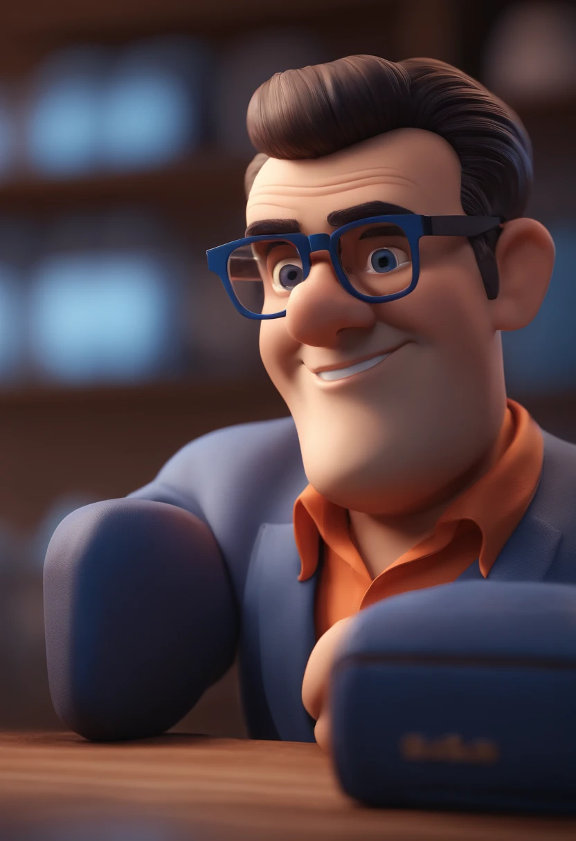 Cartoon character of a man with black glasses and a blue shirt, animation character, Caractere estilizado, animation style rendering, 3D estilizado, Arnold Maya render, 3 d render stylized, toon render keyshot, Personagem 3D, Personagem 3D, 3d rendering stylized, 3 d character render, personagem de desenho animado, Personagem de close up, Pose de personagem,  (Estilo Pixar) (master part:1.2) (Bokeh) (best quality) (pele detalhada) (textura detalhada) (8k) (argila) (Cinematic lighting) (foco nítido