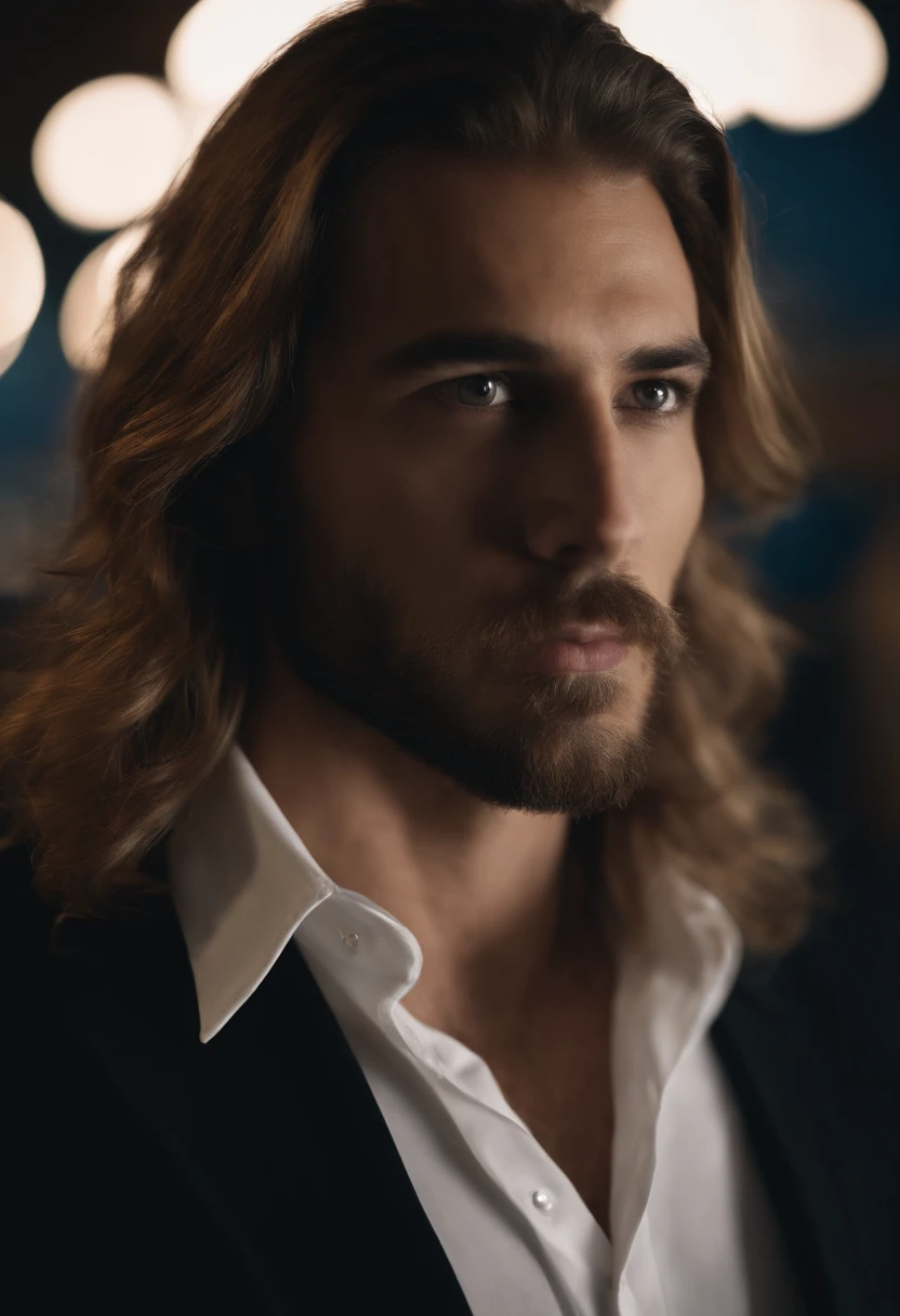 the long haired male was wearing a black vneck shirt, in the style of shiny eyes, #myportfolio, poetcore, high definition, distinct facial features, barbiecore, smooth lines, Portrait of a handsome man, office suite, posing in club. wearing expensive watch, no beard --ar 17:11