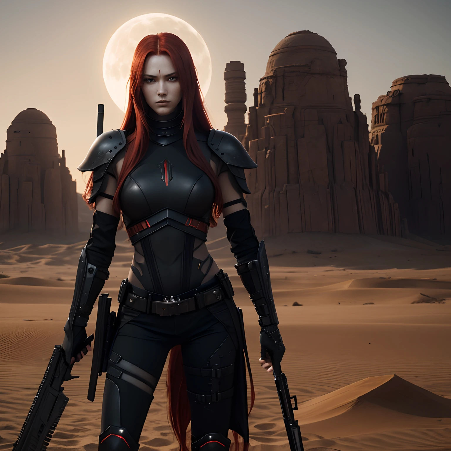 Attractive warrior with long red hair, all-black ciberpunk armor, slender body, ciberpunk shotgun holder, threatening look, daytime setting a large desert with two moons in the sky