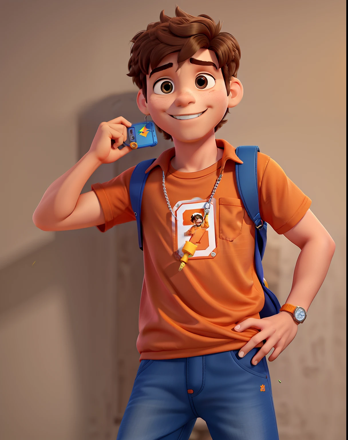 um menino estilo disney pixar, Wearing an orange shirt with lightning bolt on his chest and with a vending key in his hand. alta qualidade, melhor qualidade