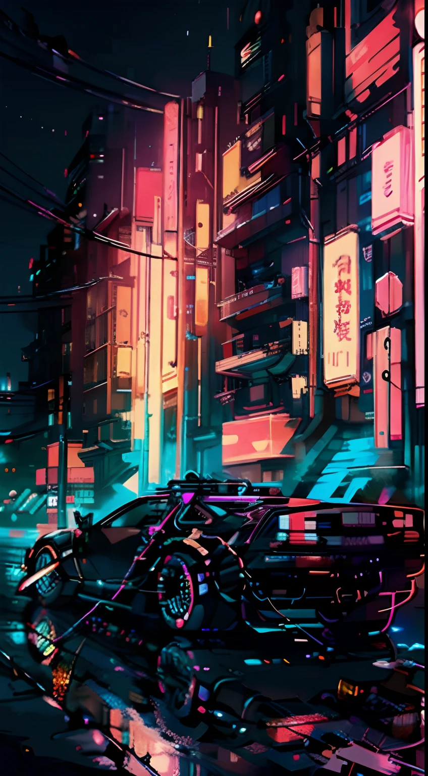 drifting delorean time machine in nighttime tokyo setting, steam vents on back, fire trails behind wheels, wet reflective floor, dim glowing neon cyber city lights and signs, massive LED screens, background motion blur, volumetric lighting, Canon EOS-1D X Mark III f/2.8