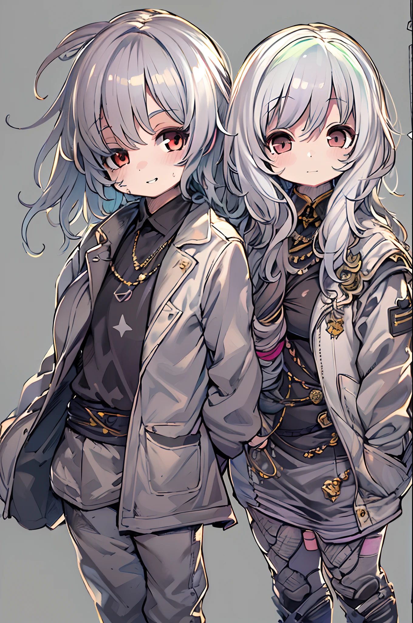 masutepiece, Great fashion, (Fashion Costumes), (Illustration), (2 people),(2girls:1.3) 、12-year-old young couple, lesbian、Girls to girls、(Russian mil style), Fashion, Silver hair, (Long hair), (hair messy), (White skin), (dark circles), Handsome, Dance Steps, trending, dark gray,, close up, (grand background), (Chiaroscuro)), Fine facial details, Facial details, Cinematic lighting, (depth of fields), nffsw, (Upper body), Black background、(Chibi:1.5),Anime style