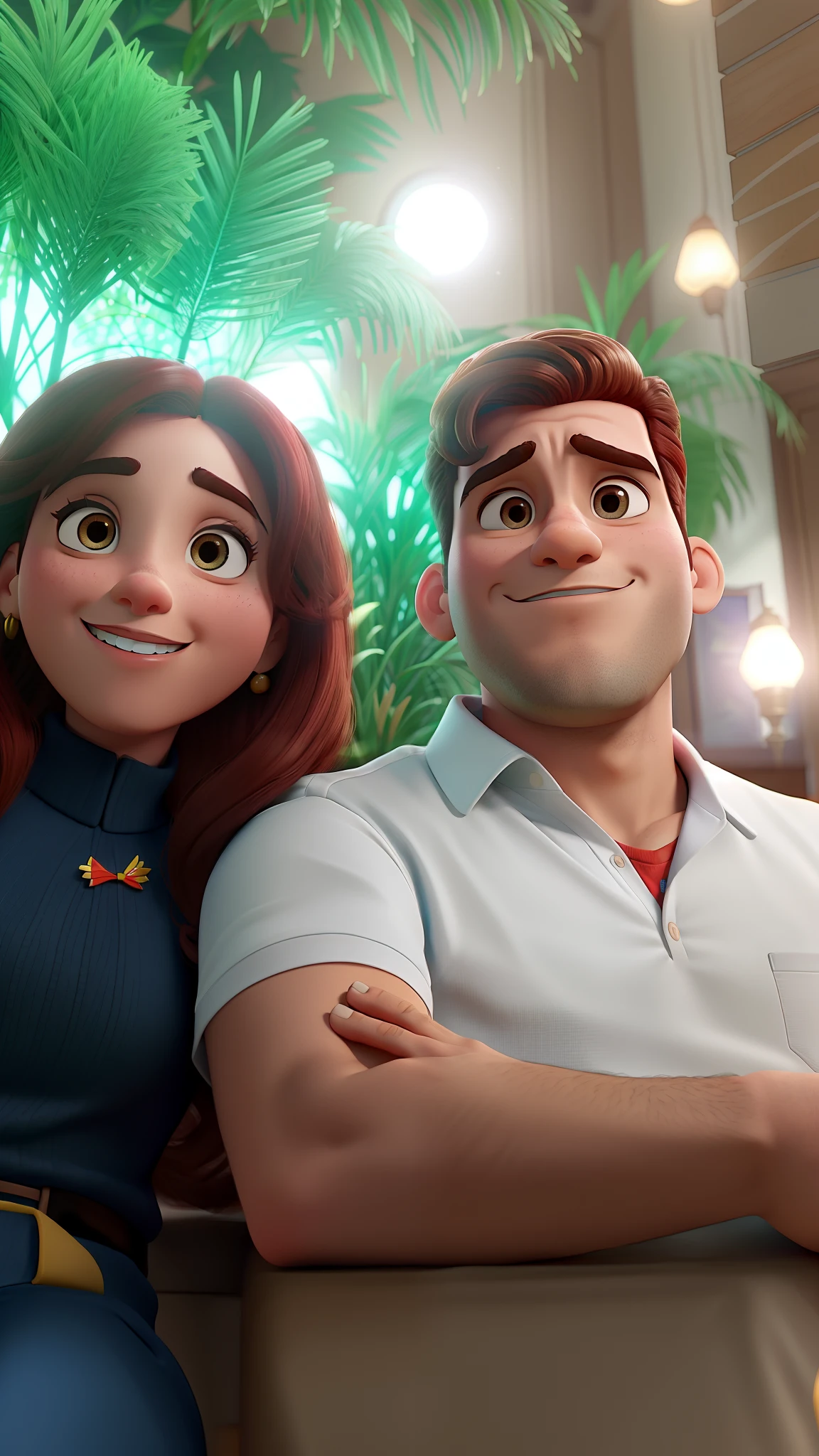 Casal (homem moreno e mulher branca) no estilo Disney Pixar, alta qualidade, melhor qualidade.