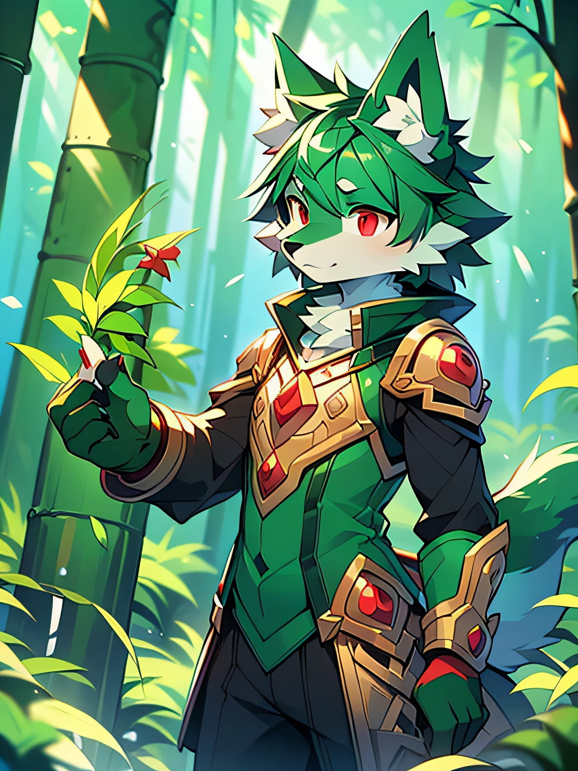 Rystal, Star Fox,  13 year old boy，,Dark emerald hair， (A detailed), fluffly, Solo, Meticulous and realistic, A detailed eye, ( The pupil of the Eye of the Blood Wheel), (( Black and red eyes)), Excellent quality, high detal, Detailed fur, ((The tail is in the right place) ，He wears a green costume inlaid with emeralds，Standing in the middle of a bamboo forest