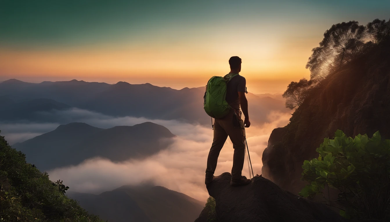 create a man climbing a mountain banner, place a flag on the top of the mountain, place a sunset, add some green in nature and palms, cinematic, realistic image.
