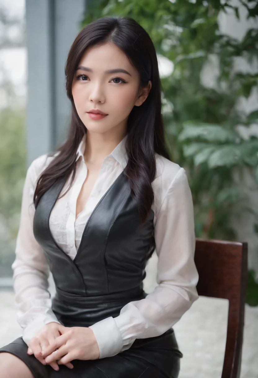 Black leather gloves, Black leather tight skirt, White blouse, Black leather boots, Japanese girl with straight black hair, Sit in a leather chair，Align your legs, Her hands were on her knees.Perfect body beauty，Perfect body beauty