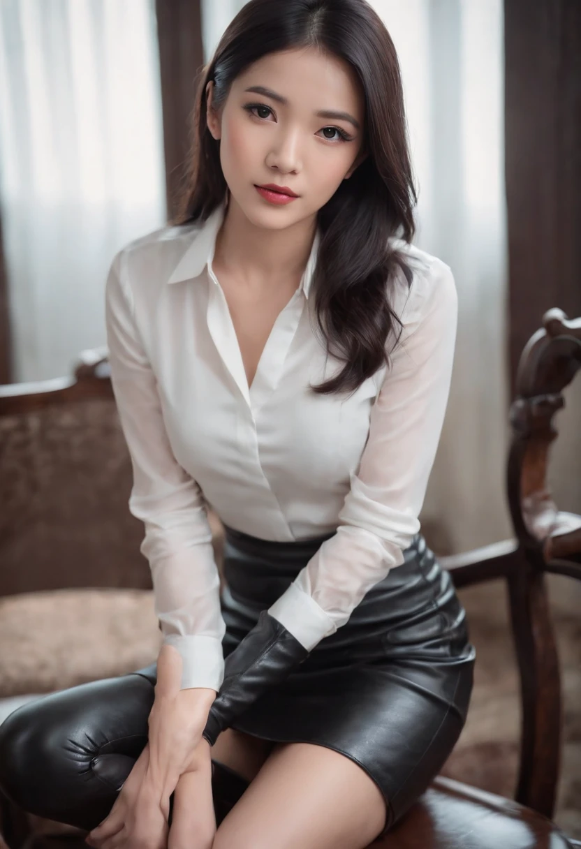 Black leather gloves, Black leather tight skirt, White blouse, Black leather boots, Japanese girl with straight black hair, Sit in a leather chair，Align your legs, Her hands were on her knees.Perfect body beauty，Perfect body beauty