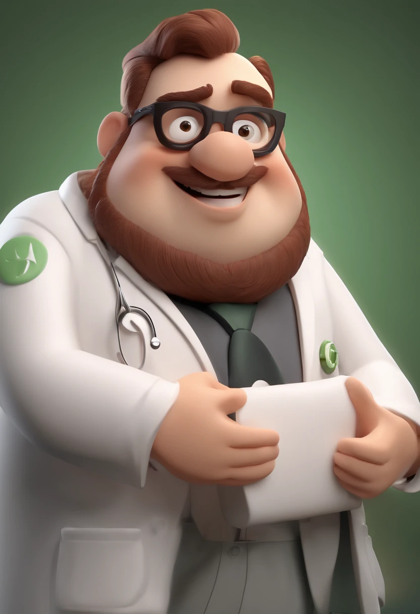 Cartoon character of a chubby physiotherapist man with black glasses wearing lab coat and beard, cabelo cabelo moicano , animation character, Caractere estilizado, animation style rendering, 3D estilizado, Arnold Maya render, 3 d render stylized, toon render keyshot, Personagem 3D, Personagem 3D, 3d rendering stylized, 3 d character render, personagem de desenho animado, Personagem de close up, Pose de personagem, (Estilo Pixar) (master part:1.2) (Bokeh) (best quality) (pele detalhada) (textura detalhada) (8k) (argila) (Cinematic lighting) (foco nítido