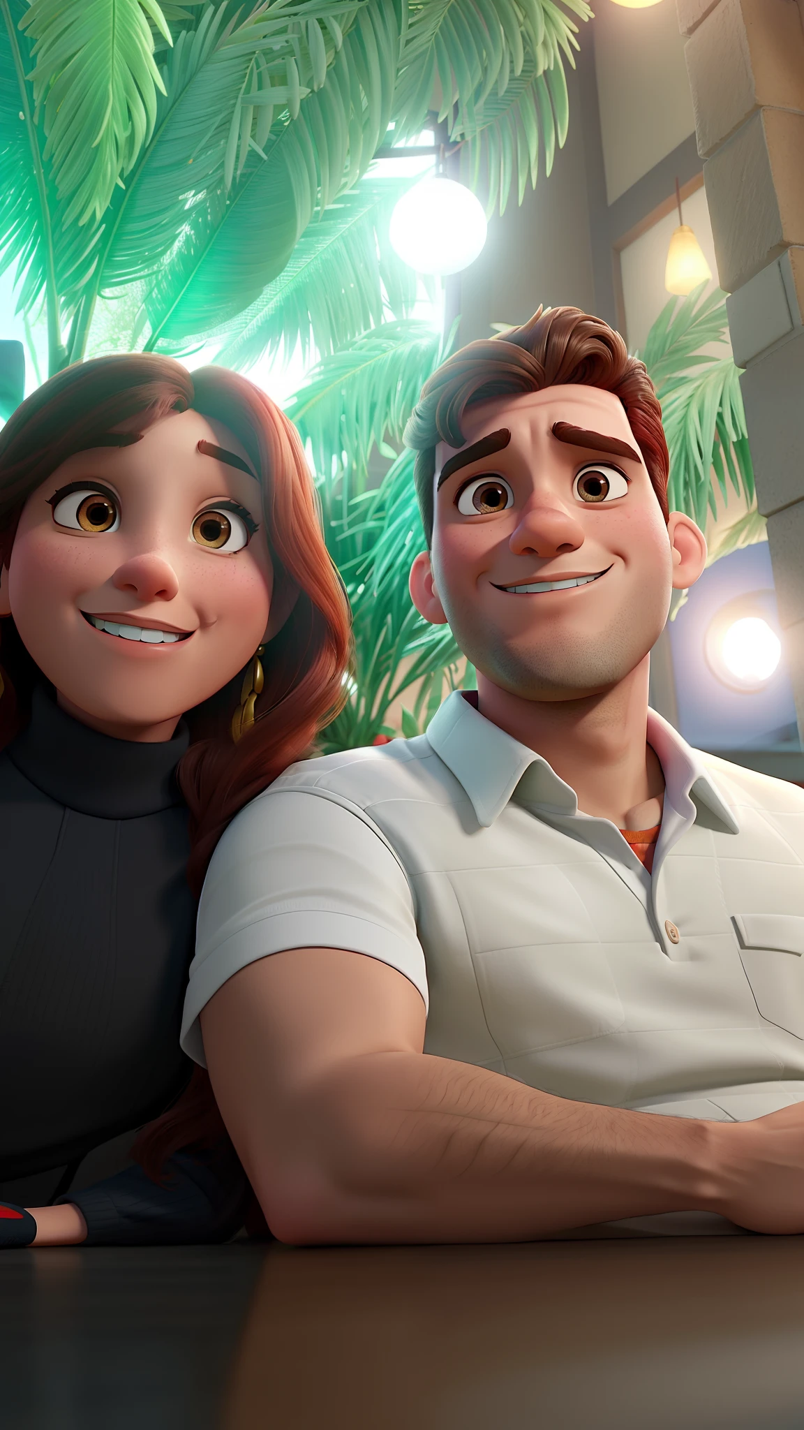 Casal (homem moreno e mulher branca) no estilo Disney Pixar, alta qualidade, melhor qualidade.